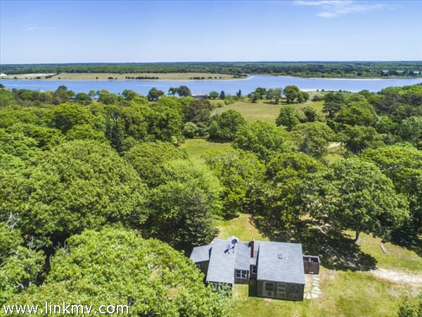 Aerial views over the house and pond
